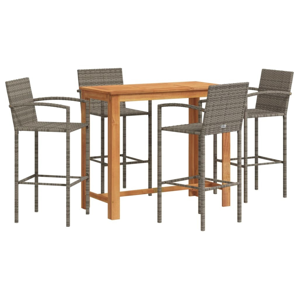 5 Piece Garden Bar Set Solid Acacia Wood Poly Rattan Outdoor Patio Set Grey
