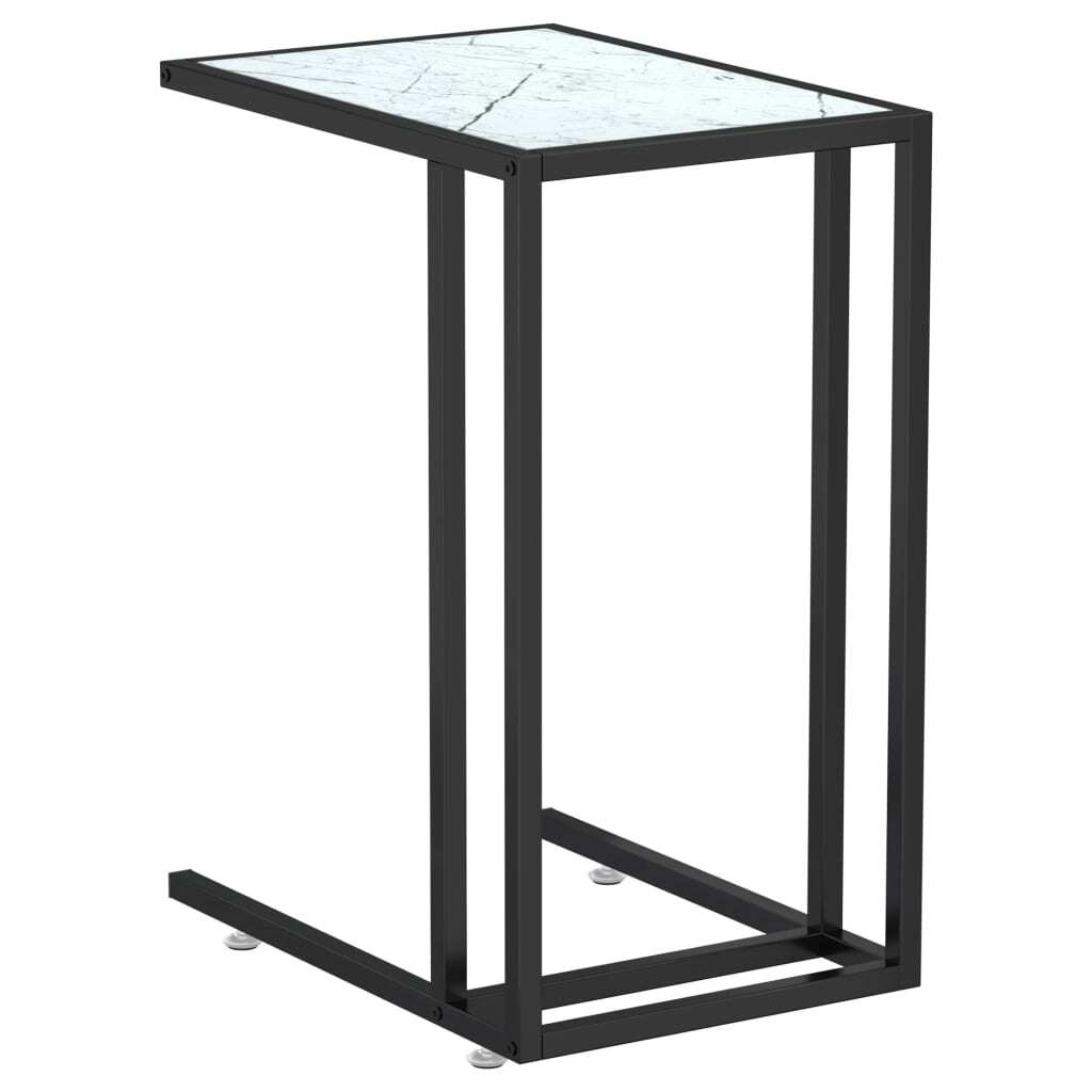 Computer Side Table Tempered Glass Marble Effect Iron Frame 50x35x65cm White