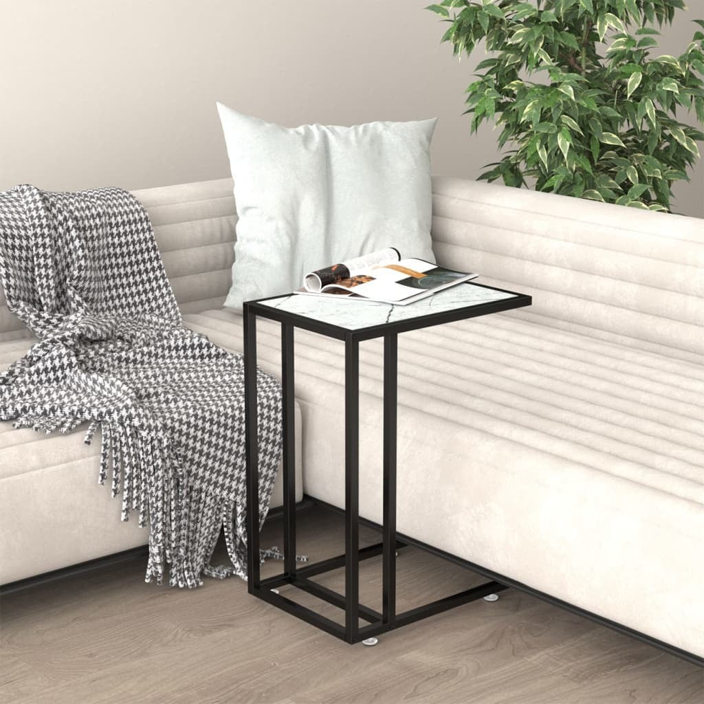 Computer Side Table Tempered Glass Marble Effect Iron Frame 50x35x65cm White