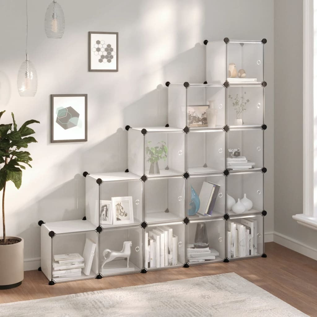 Storage Cube Organiser 15 Cubes Doors PP Steel Frame Home Office Transparent