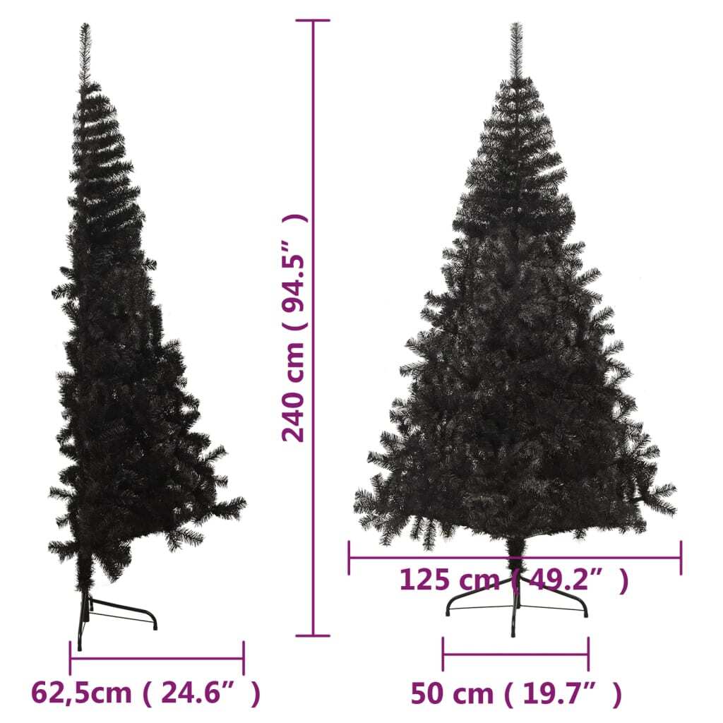 Artificial Half Christmas Tree PVC Steel Stand Bushy Space Saving 240cm Black