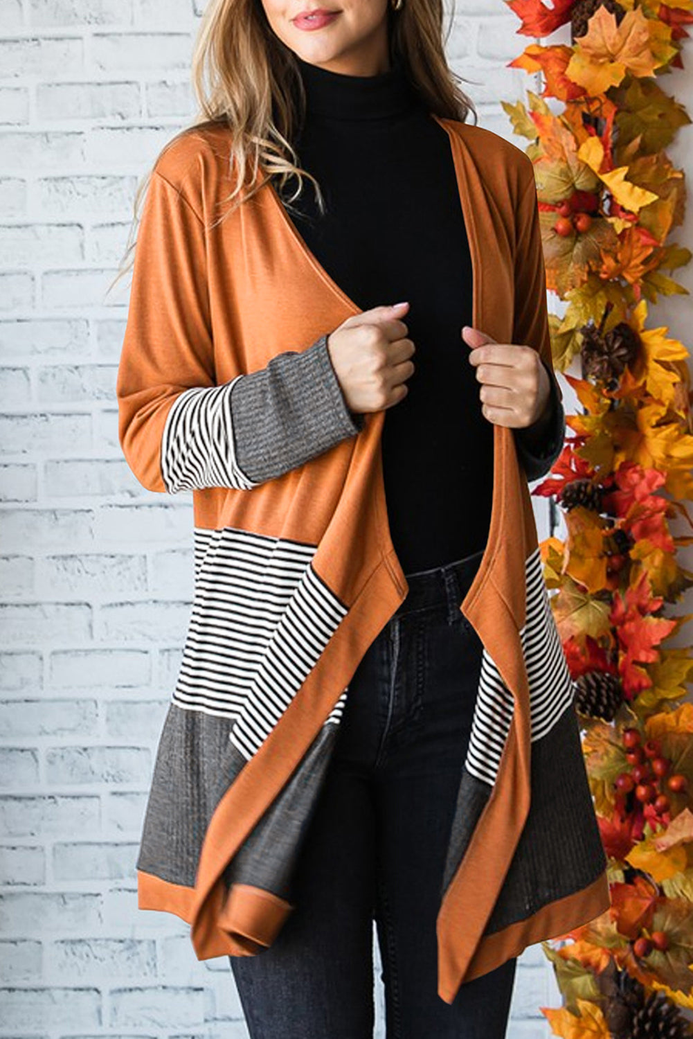 Orange Colourblock Striped Patchwork Open Cardigan Women’s Casual Knitwear