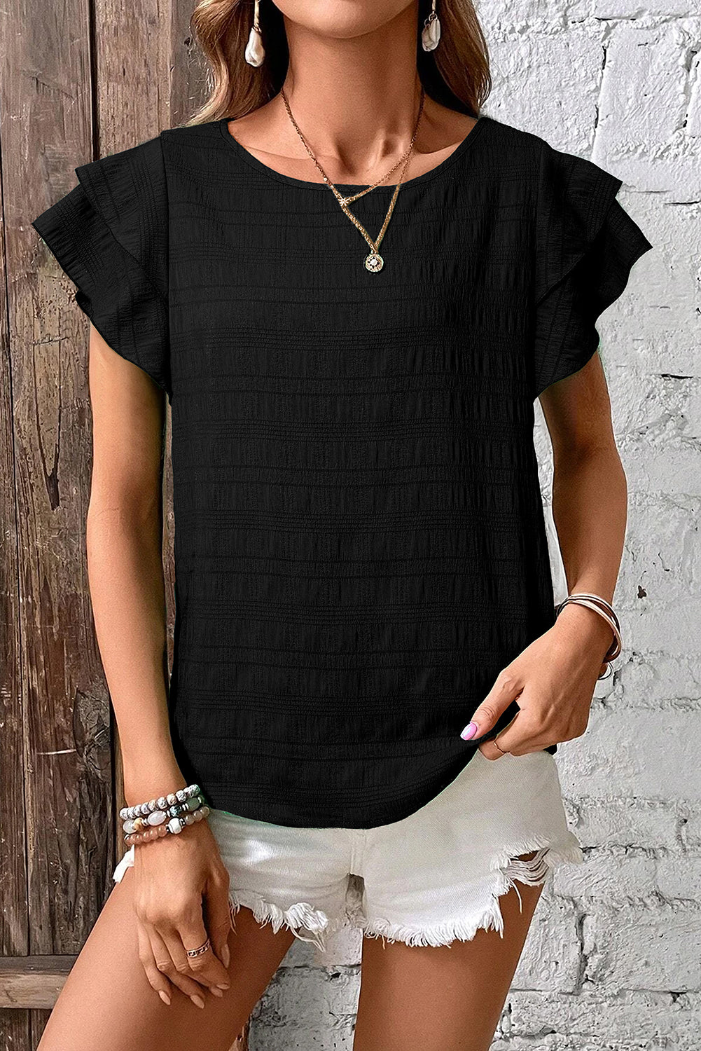 Dark Blue Textured Round Neck Top with Ruffled Sleeves for Women