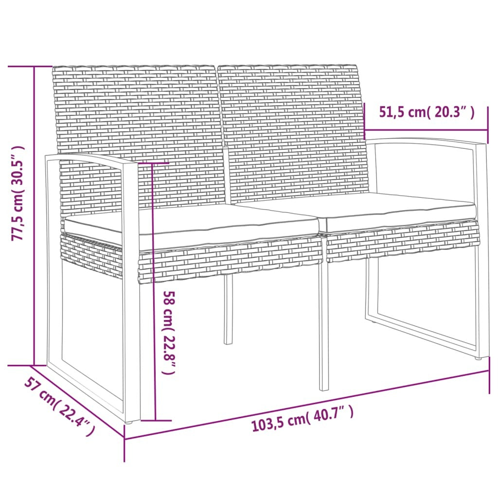 2-Seater Garden Bench PP Rattan Steel Frame Cushions Outdoor Patio Dark Grey