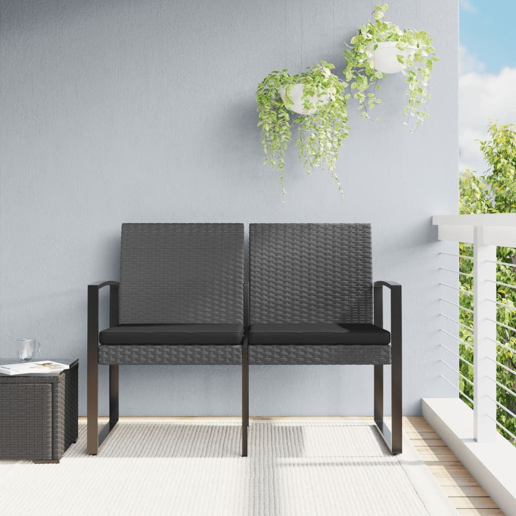 2-Seater Garden Bench PP Rattan Steel Frame Cushions Outdoor Patio Dark Grey