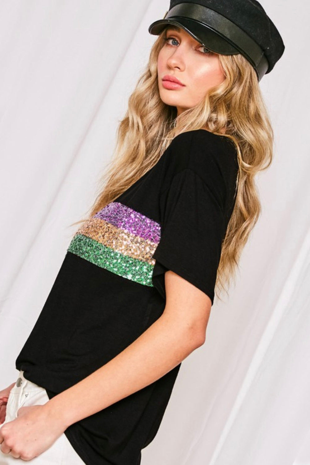 Black Sequin Stripes Patchwork Mardi Gras Crew Neck Women’s T-Shirt