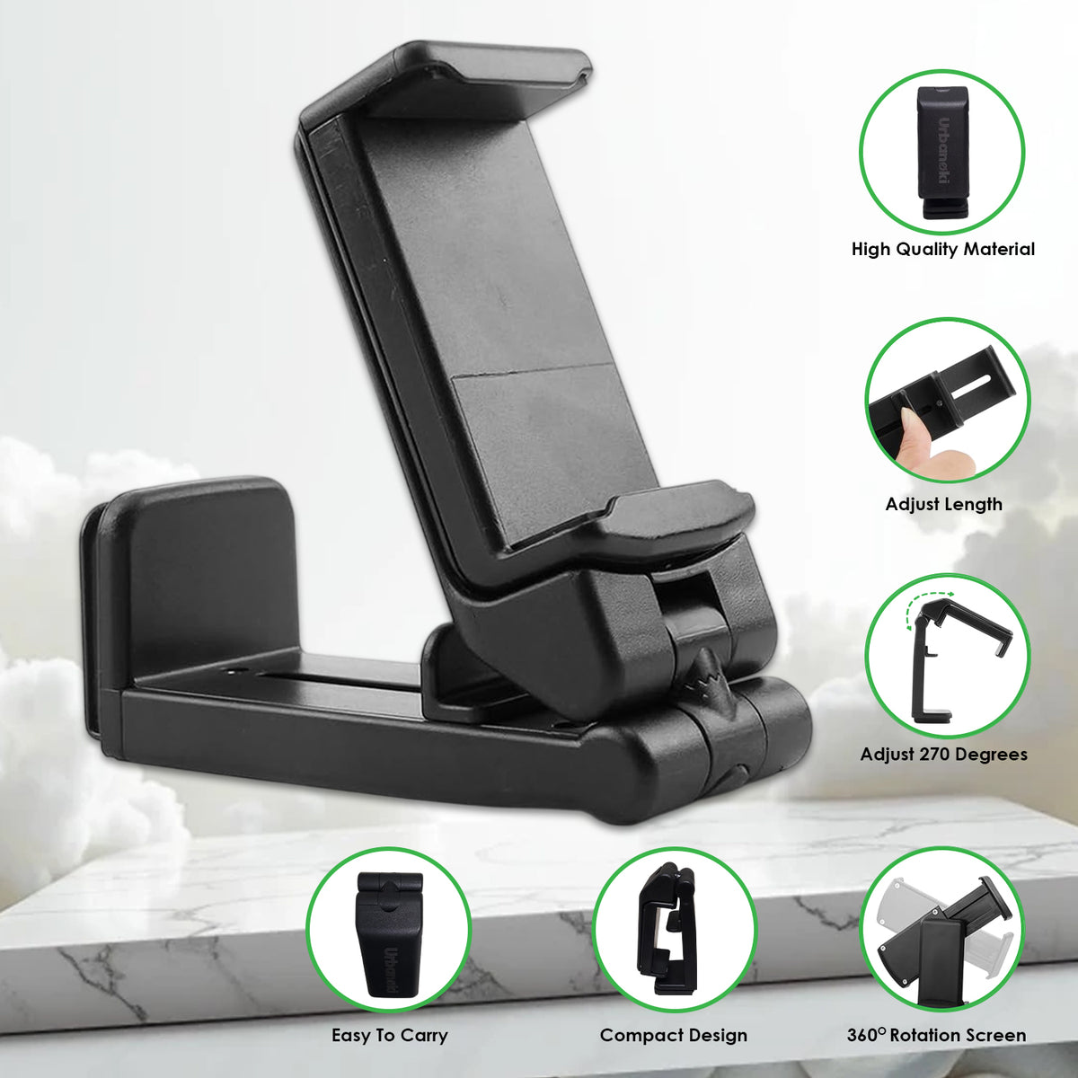 Urbanoki Airplane Phone Holder Mount 360° Rotation Stand for Travel Desk Black