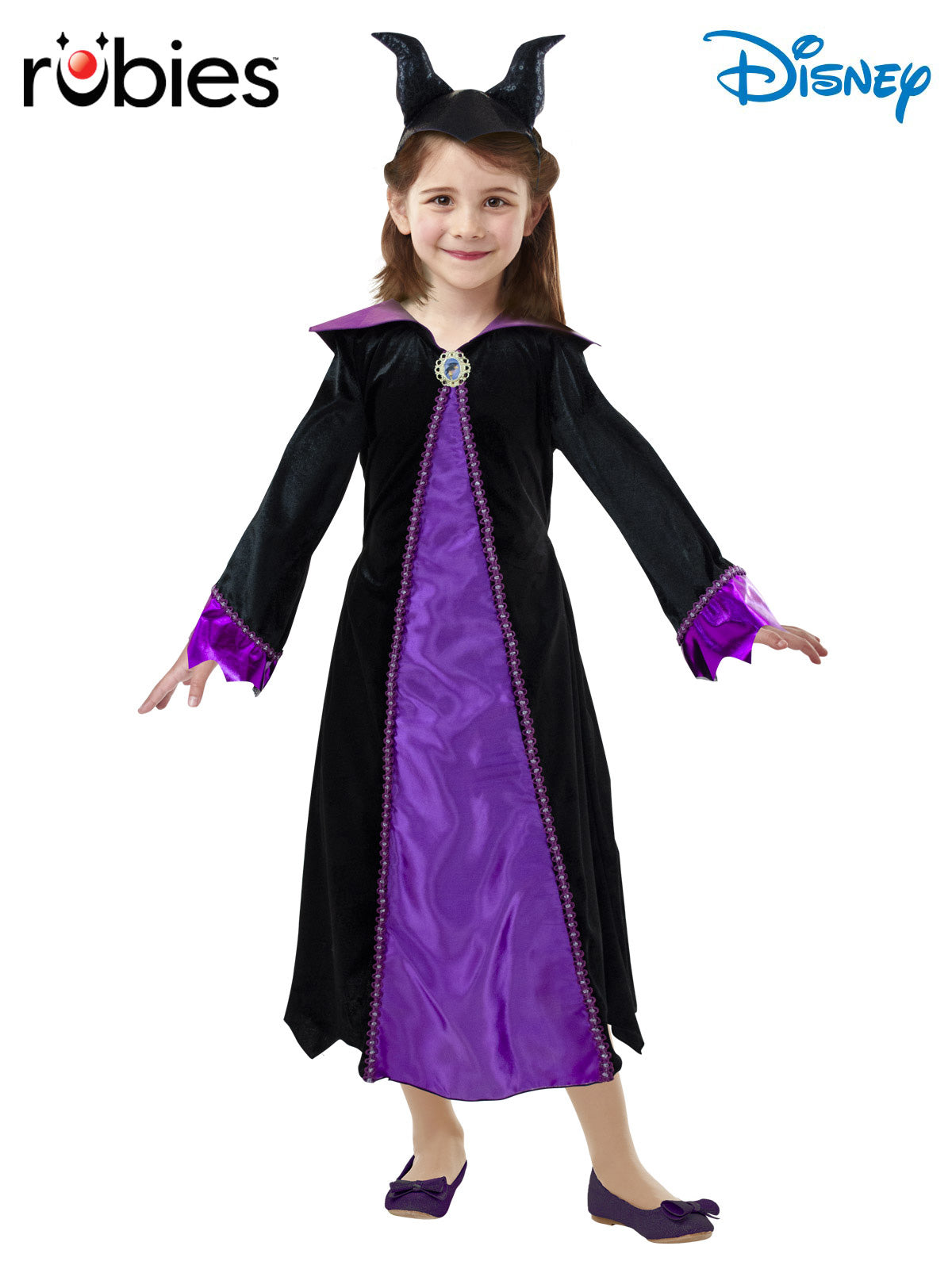 Maleficent Deluxe Costume Girls Disney Dress with Collar and Horn Headband