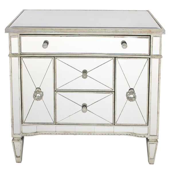 Mirrored Dresser Nightstand 5 Drawers Antique Ribbed Gold Leaf Hollywood Style