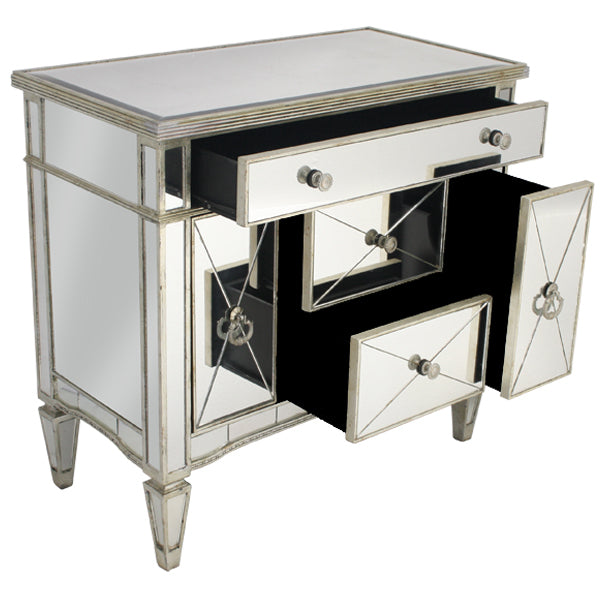 Mirrored Dresser Nightstand 5 Drawers Antique Ribbed Gold Leaf Hollywood Style