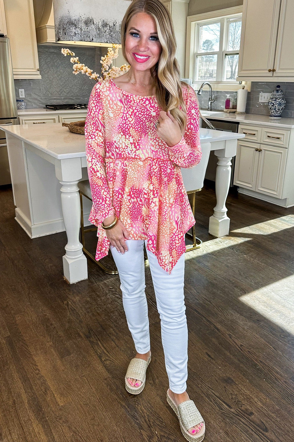 Rose Classic Leopard Print Handkerchief Hem Tunic Top for Women