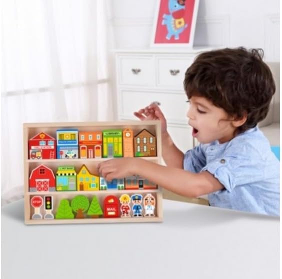 Tooky Toy Town Play Set in Wooden Case – Wooden Town Building and Figurines Pretend Play City Set