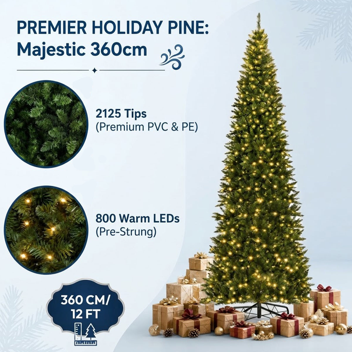Pre-Lit Hinged Christmas Tree 360cm 800 Warm White LED Quick Power Connector