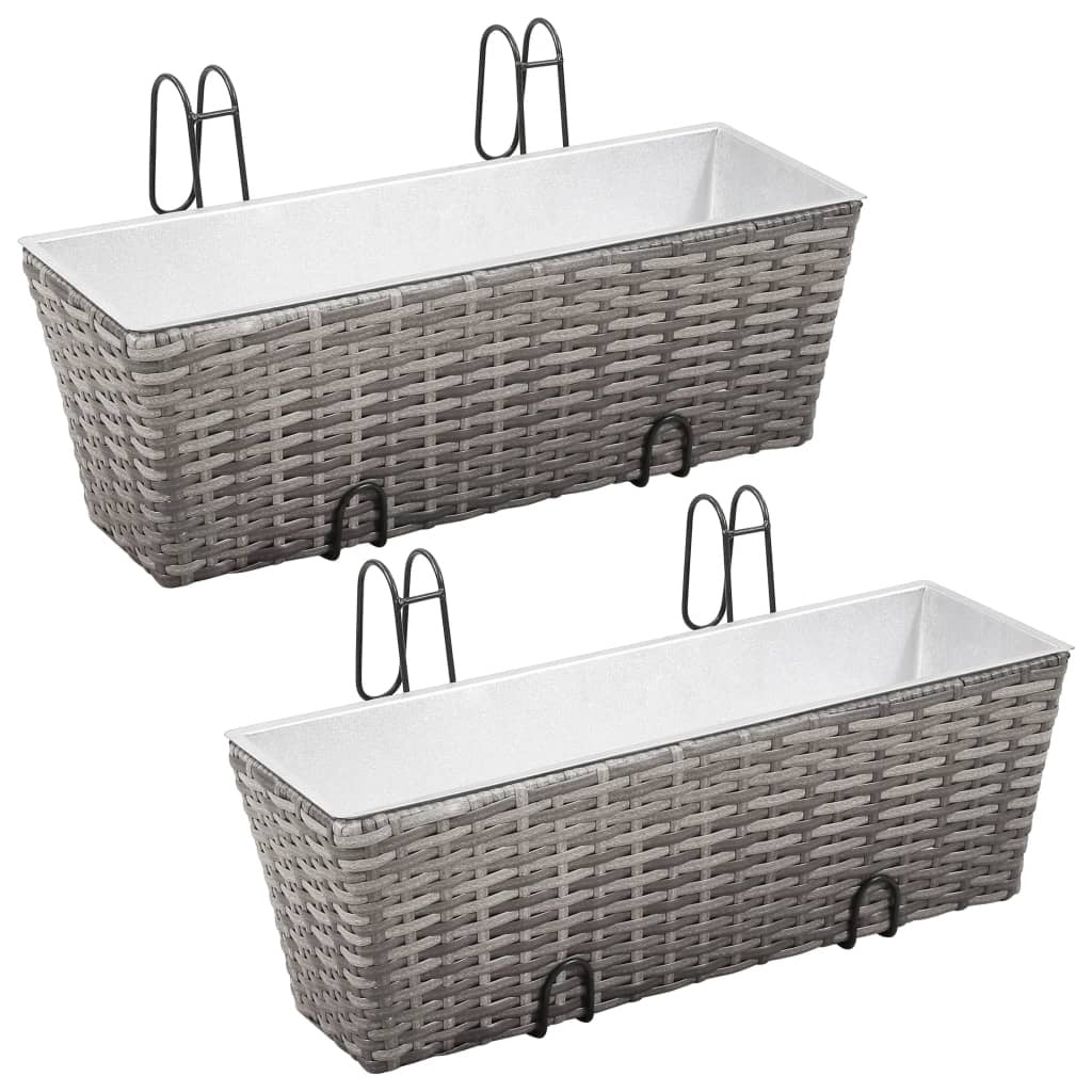 Balcony Raised Bed Planters Set of 2 Poly Rattan Grey with Hooks 50cm