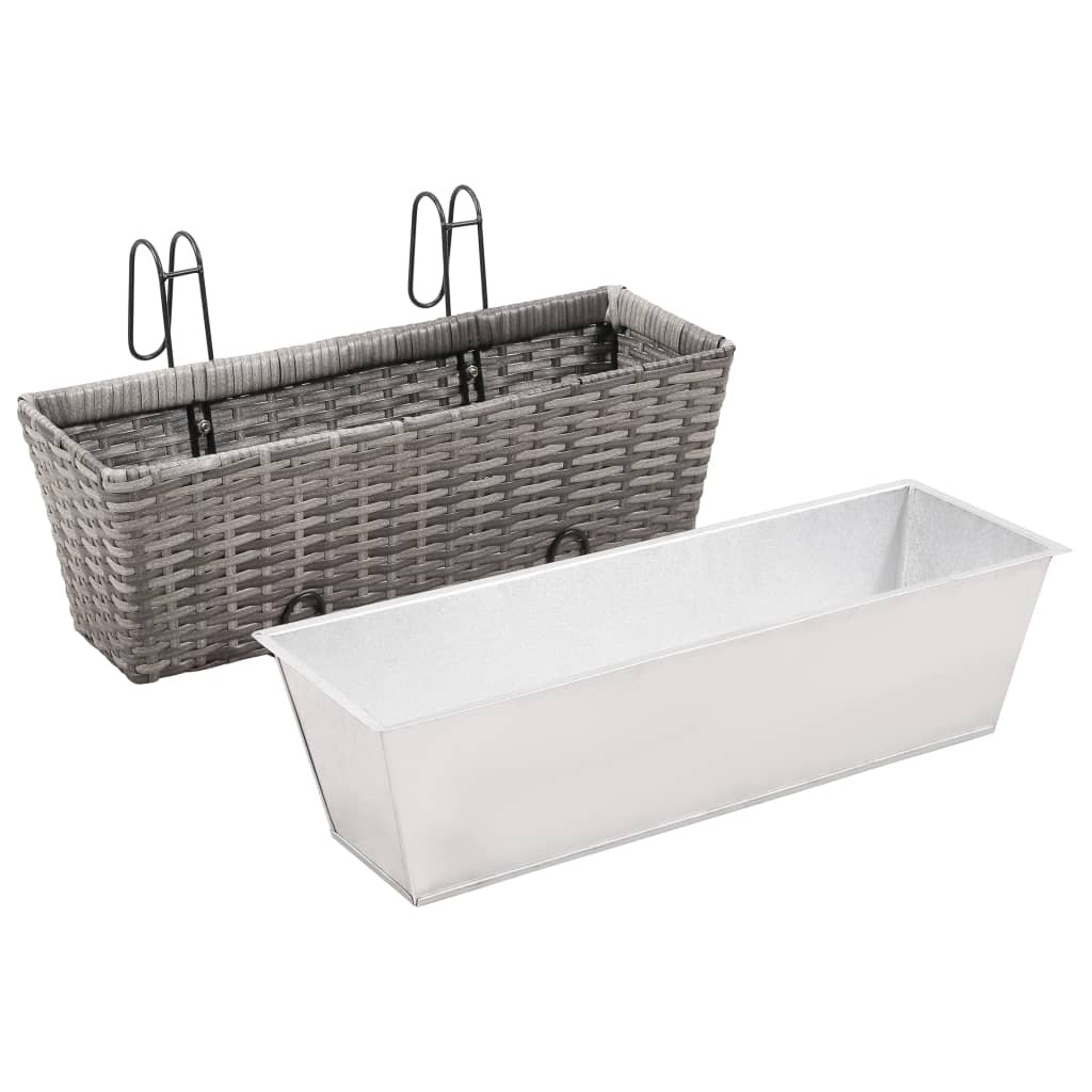 Balcony Raised Bed Planters Set of 2 Poly Rattan Grey with Hooks 50cm