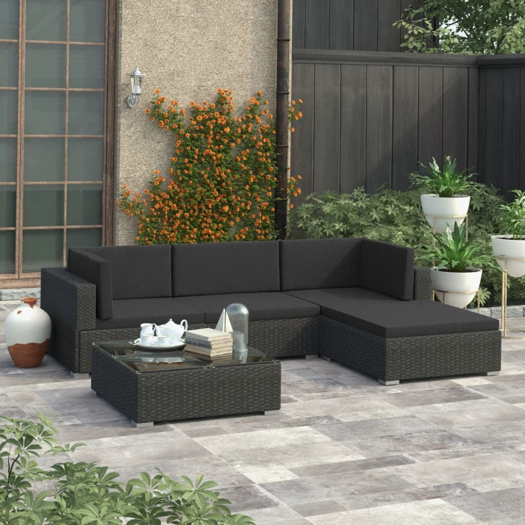 5 Piece Garden Lounge Set with Cushions Poly Rattan Outdoor Sofa Set Black