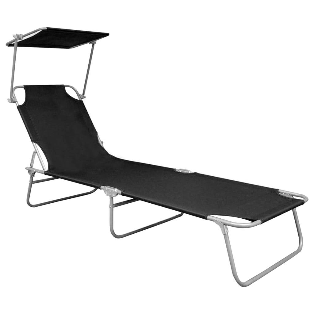 Outdoor Folding Sun Lounger Chair with Adjustable Canopy Black Aluminium 110kg