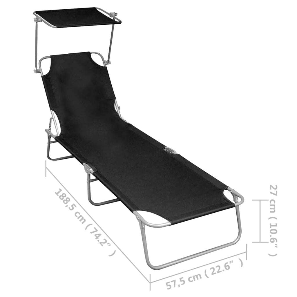 Outdoor Folding Sun Lounger Chair with Adjustable Canopy Black Aluminium 110kg