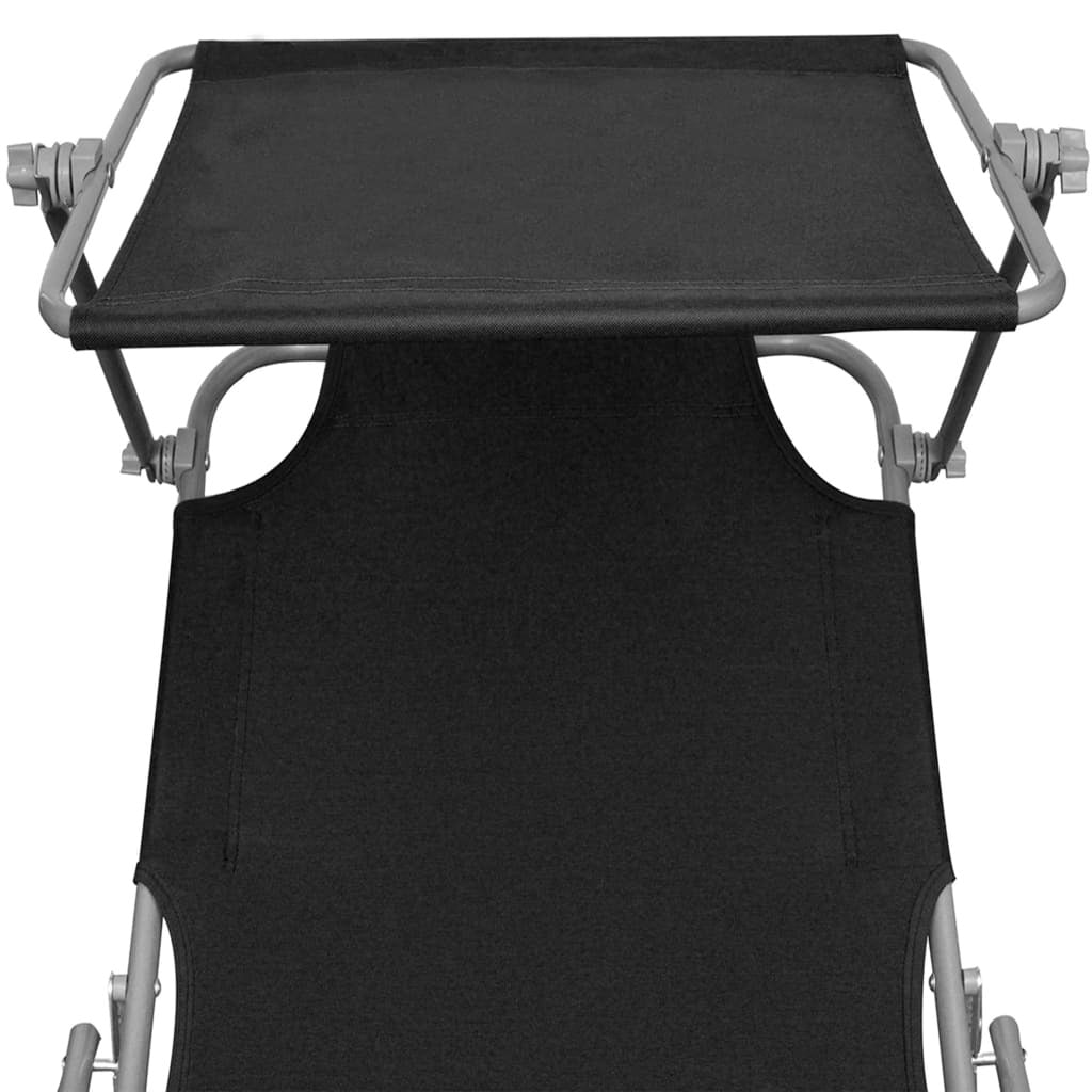 Outdoor Folding Sun Lounger Chair with Adjustable Canopy Black Aluminium 110kg