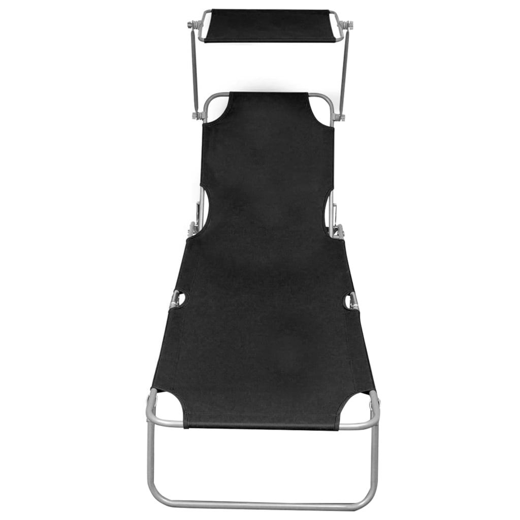 Outdoor Folding Sun Lounger Chair with Adjustable Canopy Black Aluminium 110kg