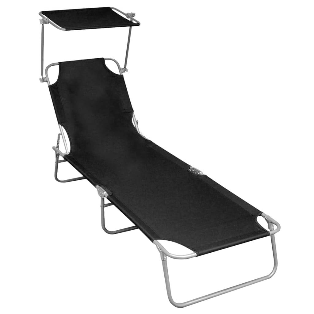 Outdoor Folding Sun Lounger Chair with Adjustable Canopy Black Aluminium 110kg
