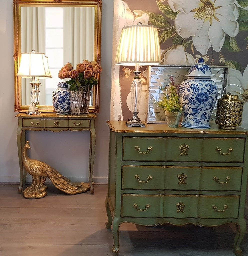 Marie Antoinette French Style Chest of Drawers – Mint Green Gold Accent 90cm