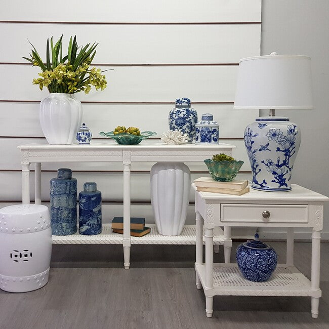 Polo Classic Console White 110cm Table with Rattan Shelf Coastal Storage