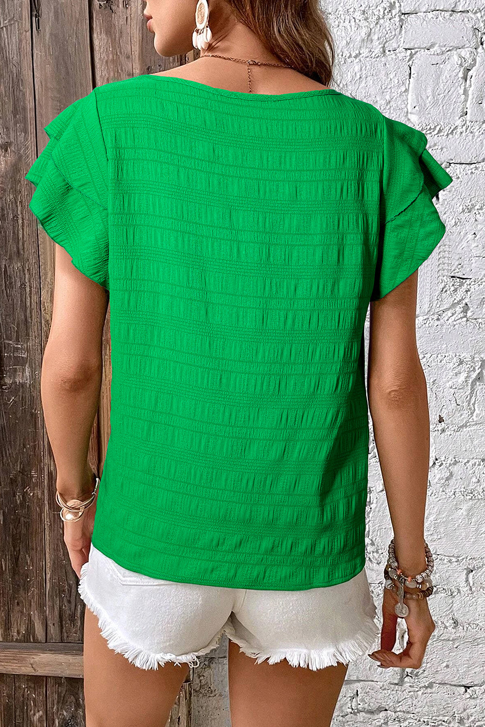Women’s Dark Green Textured Top with Ruffled Sleeves and Round Neck