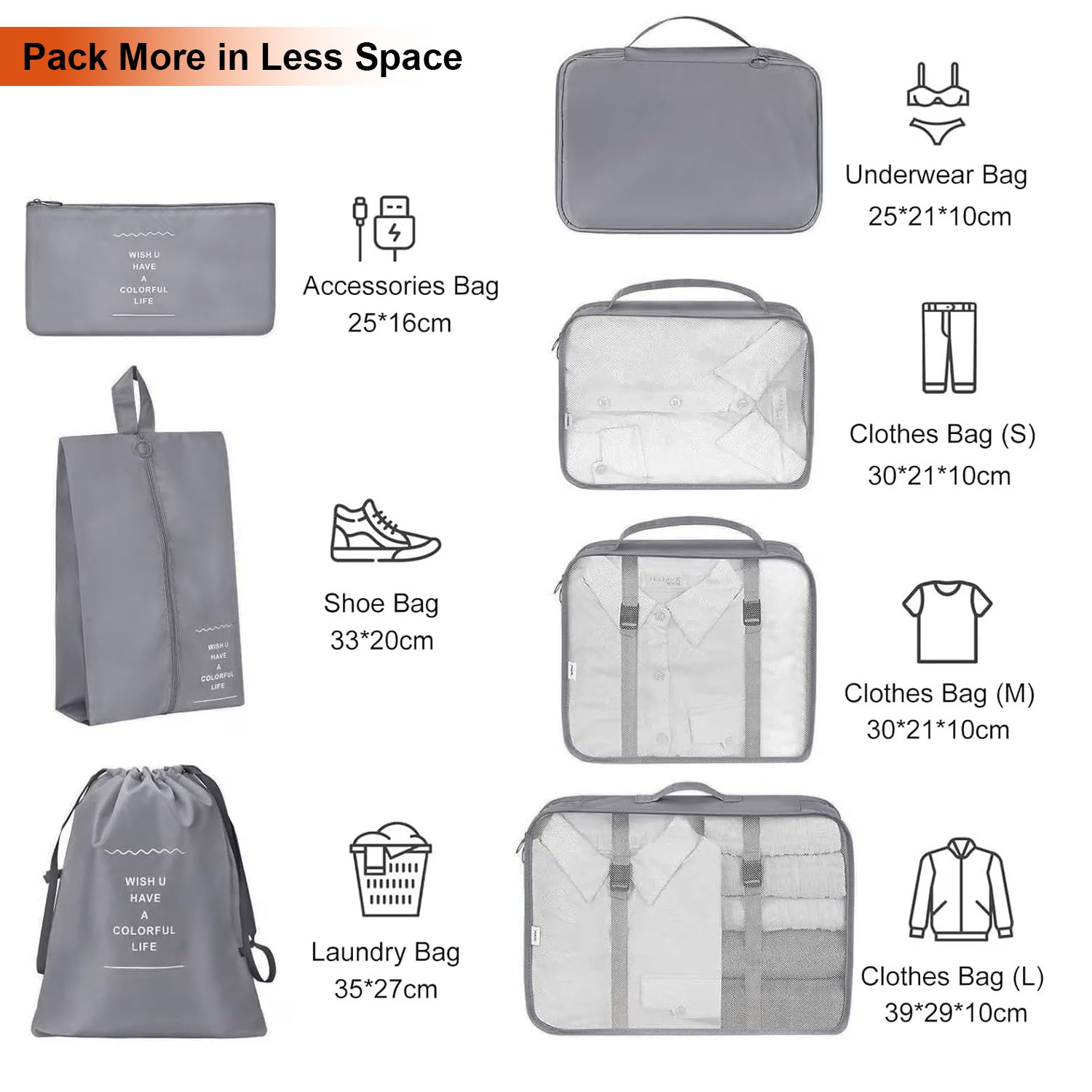 Hivvago 7-Piece Travel Organizer Set – Lightweight Packing Bags for Luggage, Grey