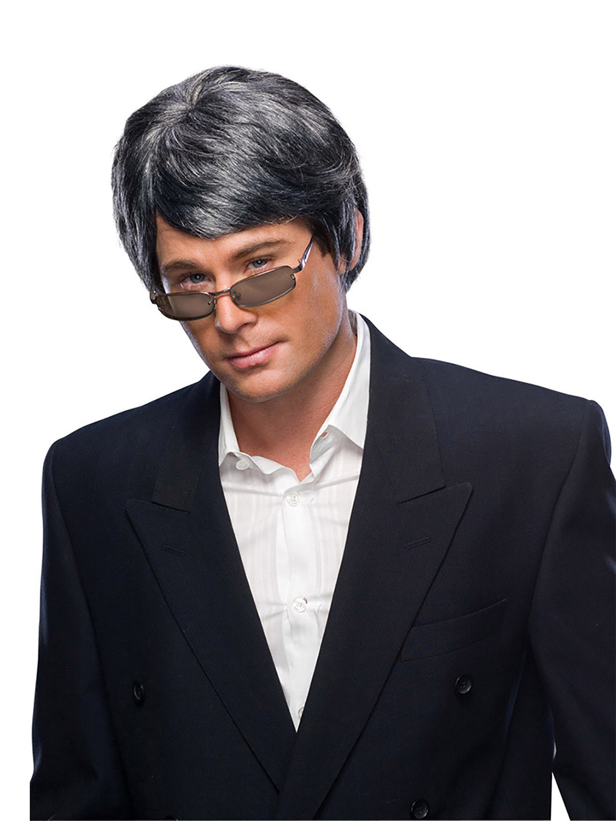 Grey Men's Wig for Adults with Short Black and Grey Hair Streaks