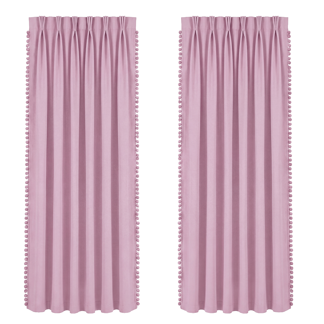 Marlow Blackout Curtains Pink 2 Panels Thermal Insulated Pom Pom 132cm x 160cm-2072893563976421384
