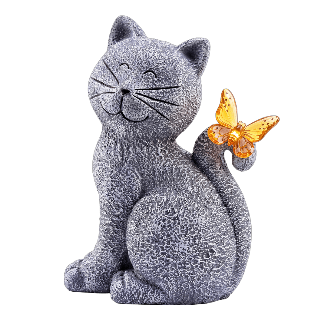 Emitto Solar Cat Butterfly Garden Statue LED Light Resin Outdoor Garden Decor-2072893540177940488