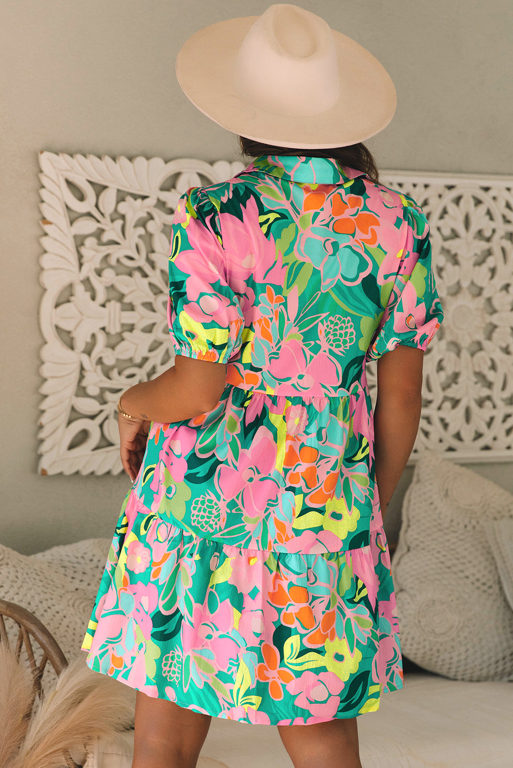 Women’s Green Floral Babydoll Dress with Puff Sleeves, Collar, and Buttons