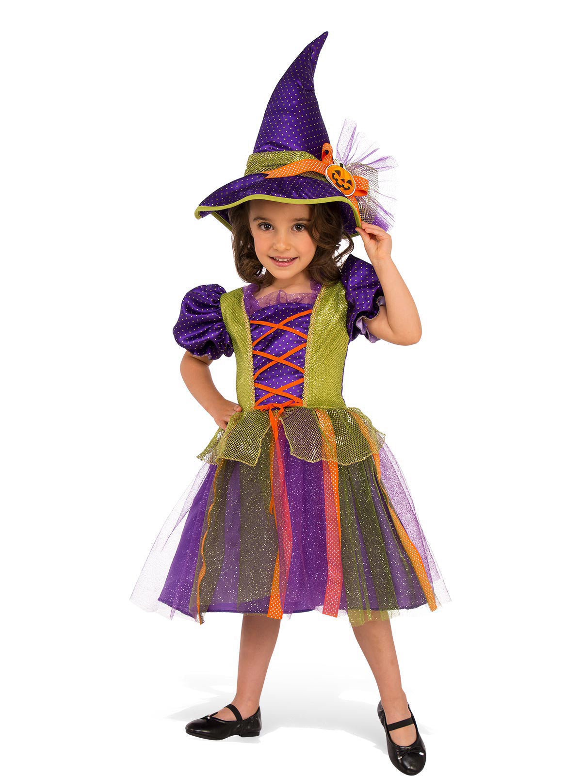 Girls Witch Costume for Halloween and Book Fun Day with Hat- Multi Colour