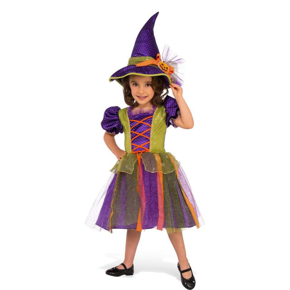 Girls Witch Costume for Halloween and Book Fun Day with Hat- Multi Colour