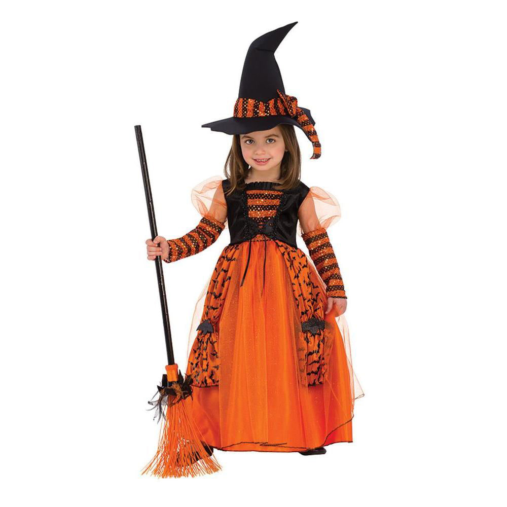 Sparkle Witch Costume for Kids Dress with Hat Bats Glitter Halloween Outfit