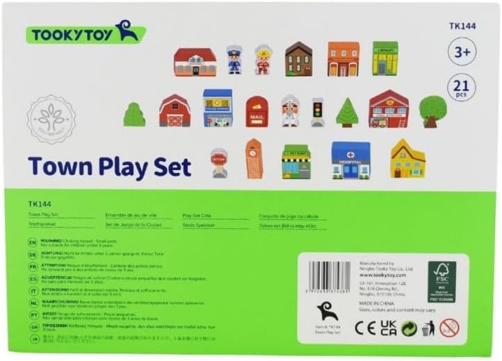 Tooky Toy Town Play Set in Wooden Case – Wooden Town Building and Figurines Pretend Play City Set