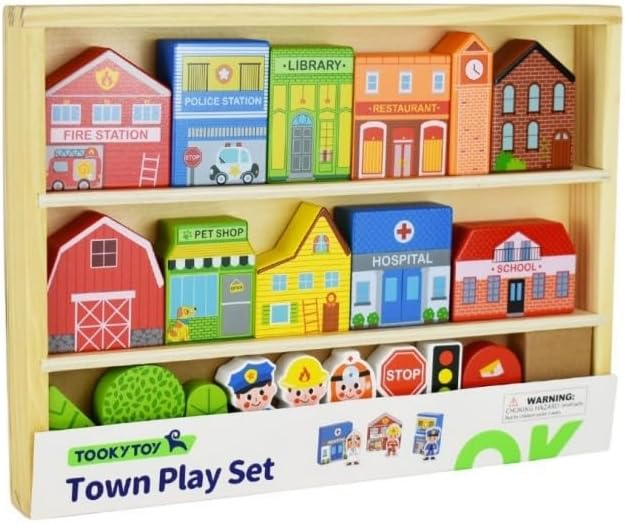 Tooky Toy Town Play Set in Wooden Case – Wooden Town Building and Figurines Pretend Play City Set