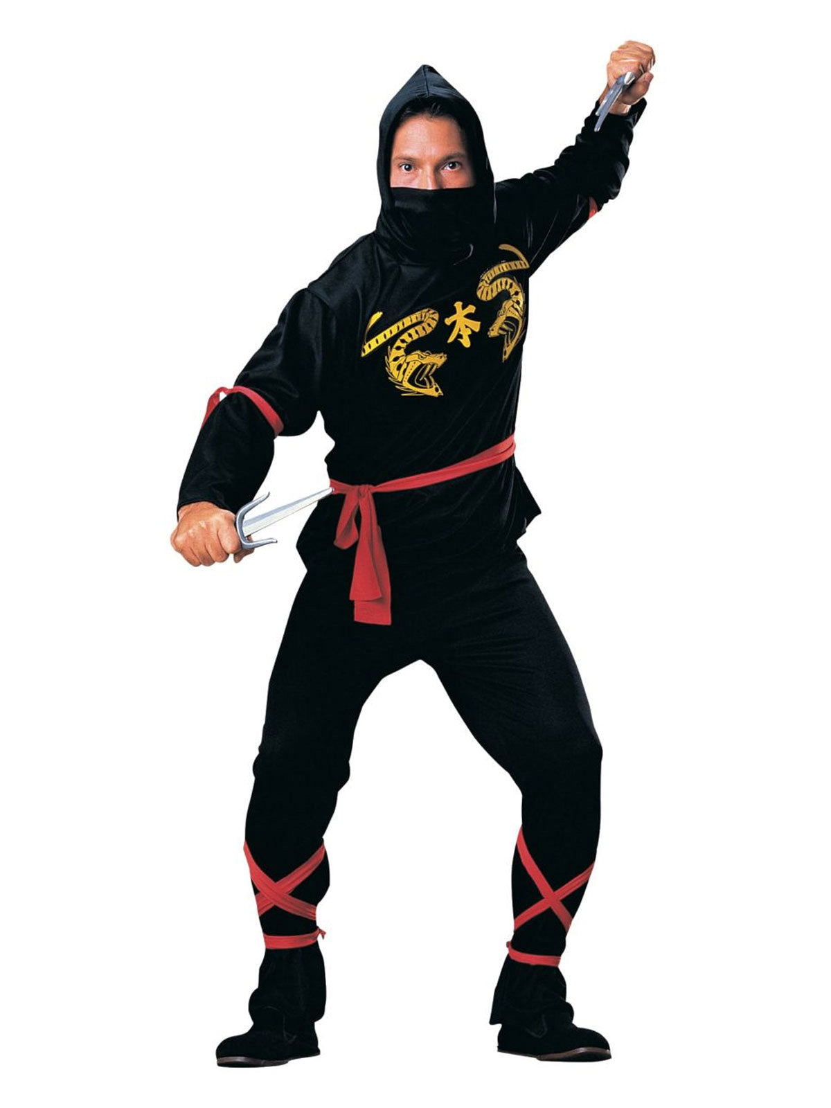 Ninja Costume Adult Black Warrior Outfit with Hood Mask Sash and Red Ties