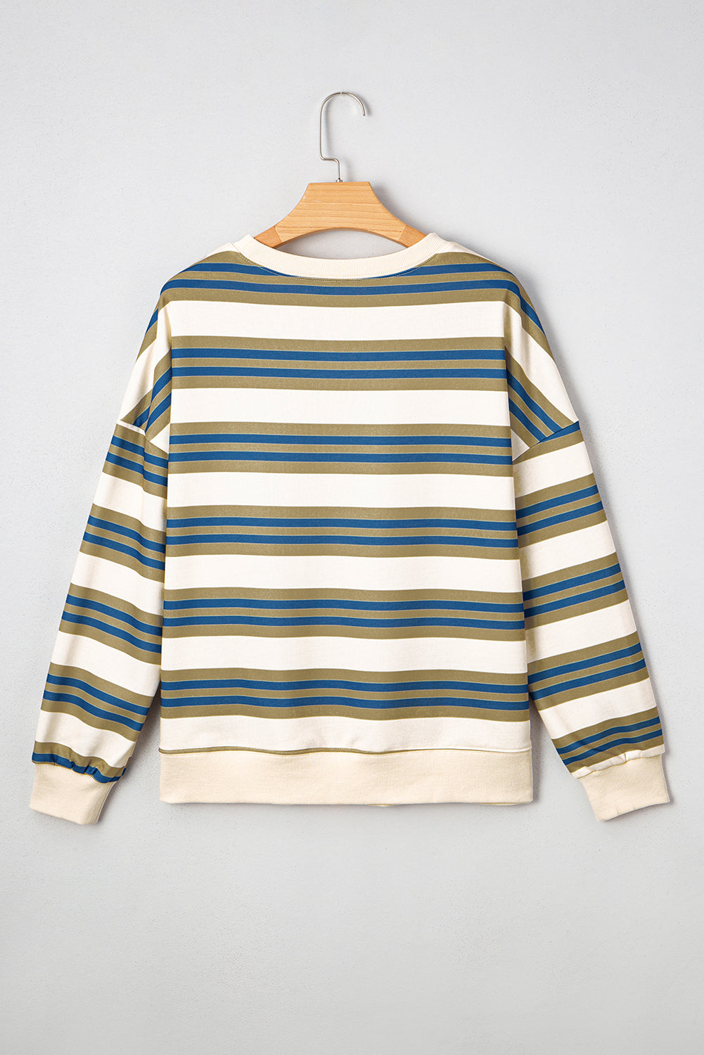 Khaki Stripe Crew Neck Drop Shoulder Pullover Sweatshirt