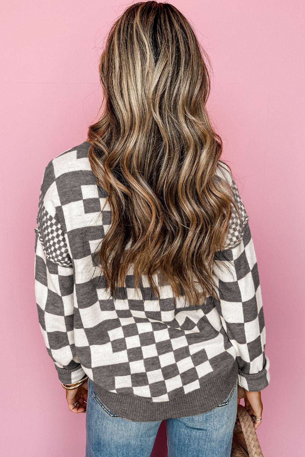 Women’s Black Checkered Print Drop Shoulder Round Neck Sweater