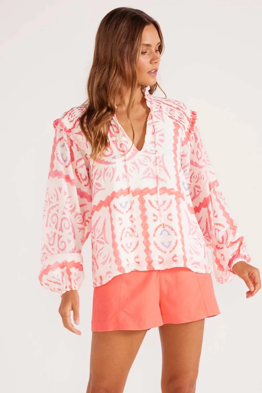 Desert Flower Vintage Print Smocked Poet Collar Blouson Sleeve Blouse