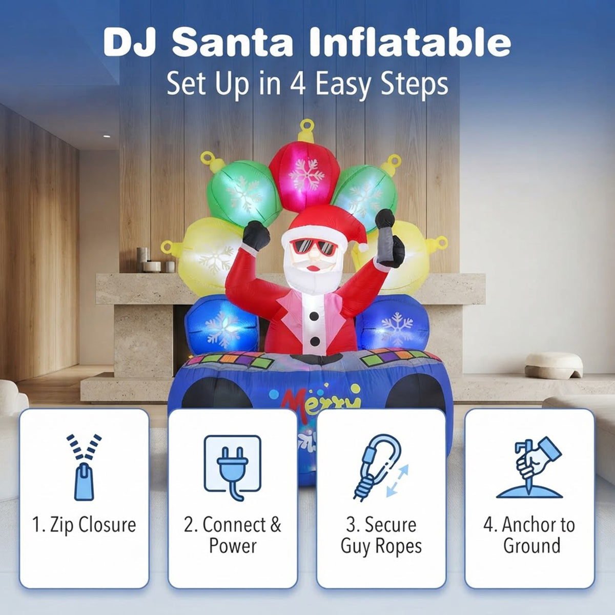 Inflatable DJ Santa Claus 1.8m Christmas Party Decor 7 RGB LED Orbs Indoor Outdoor