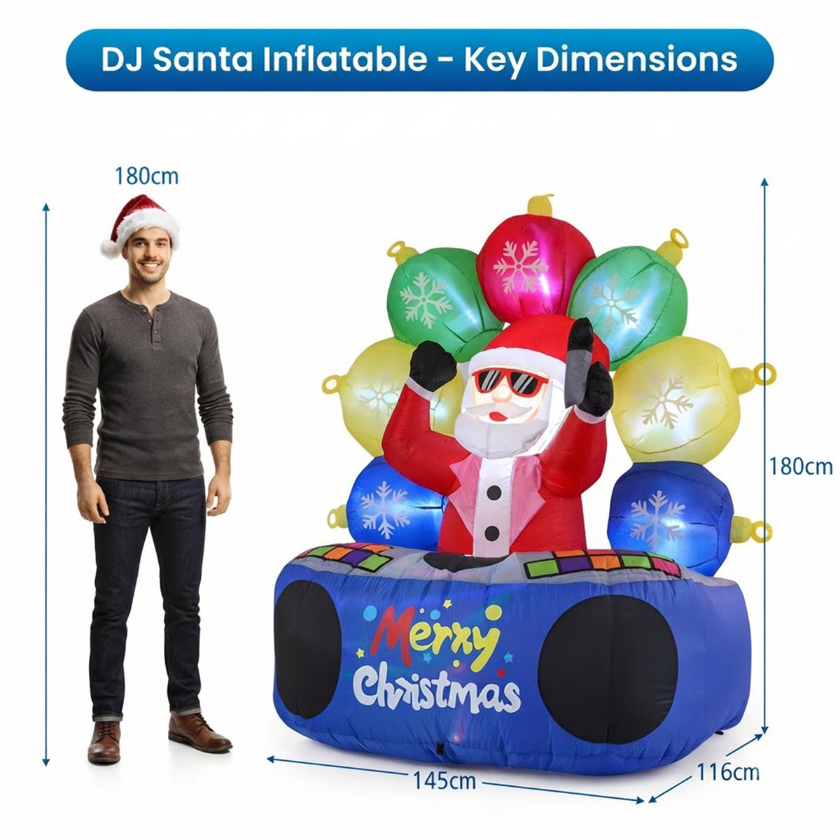 Inflatable DJ Santa Claus 1.8m Christmas Party Decor 7 RGB LED Orbs Indoor Outdoor