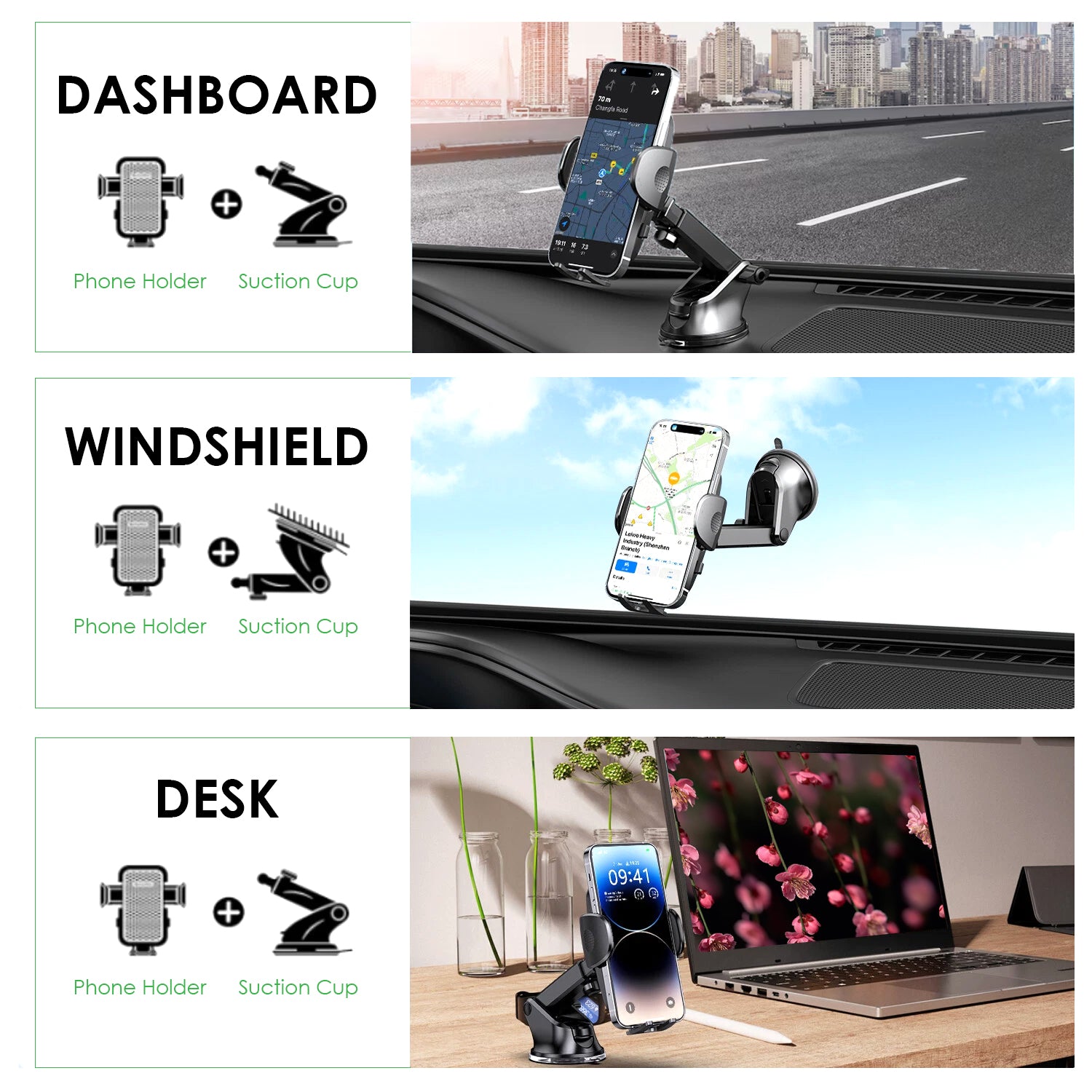Urbanoki 4 in 1 Car Phone Holder Dashboard Windshield Vent Mount for All Phones - Black