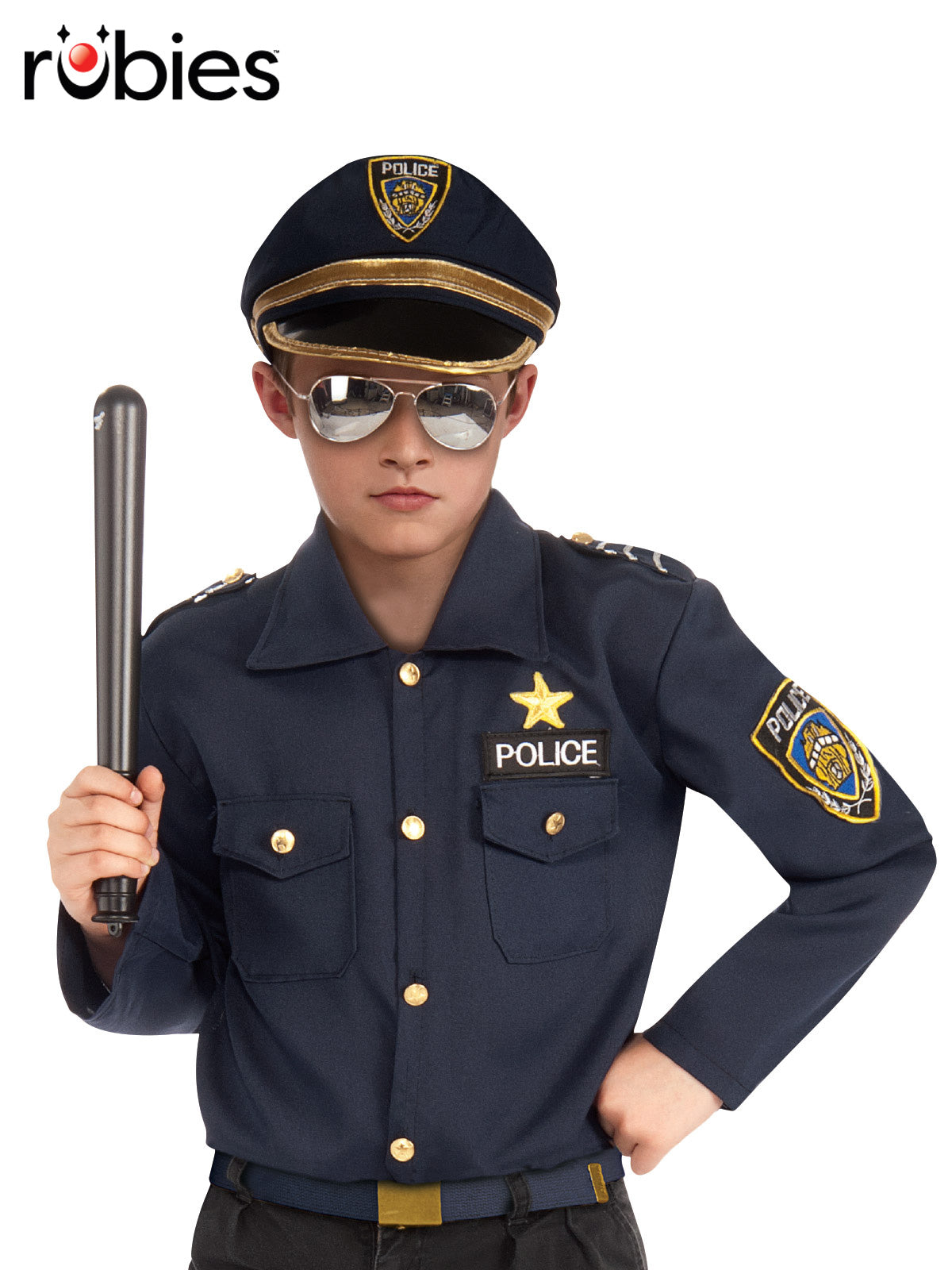 Police Officer Kids Costume – Official Rubie’s Navy Shirt with Cap and Badge, Blue Colour