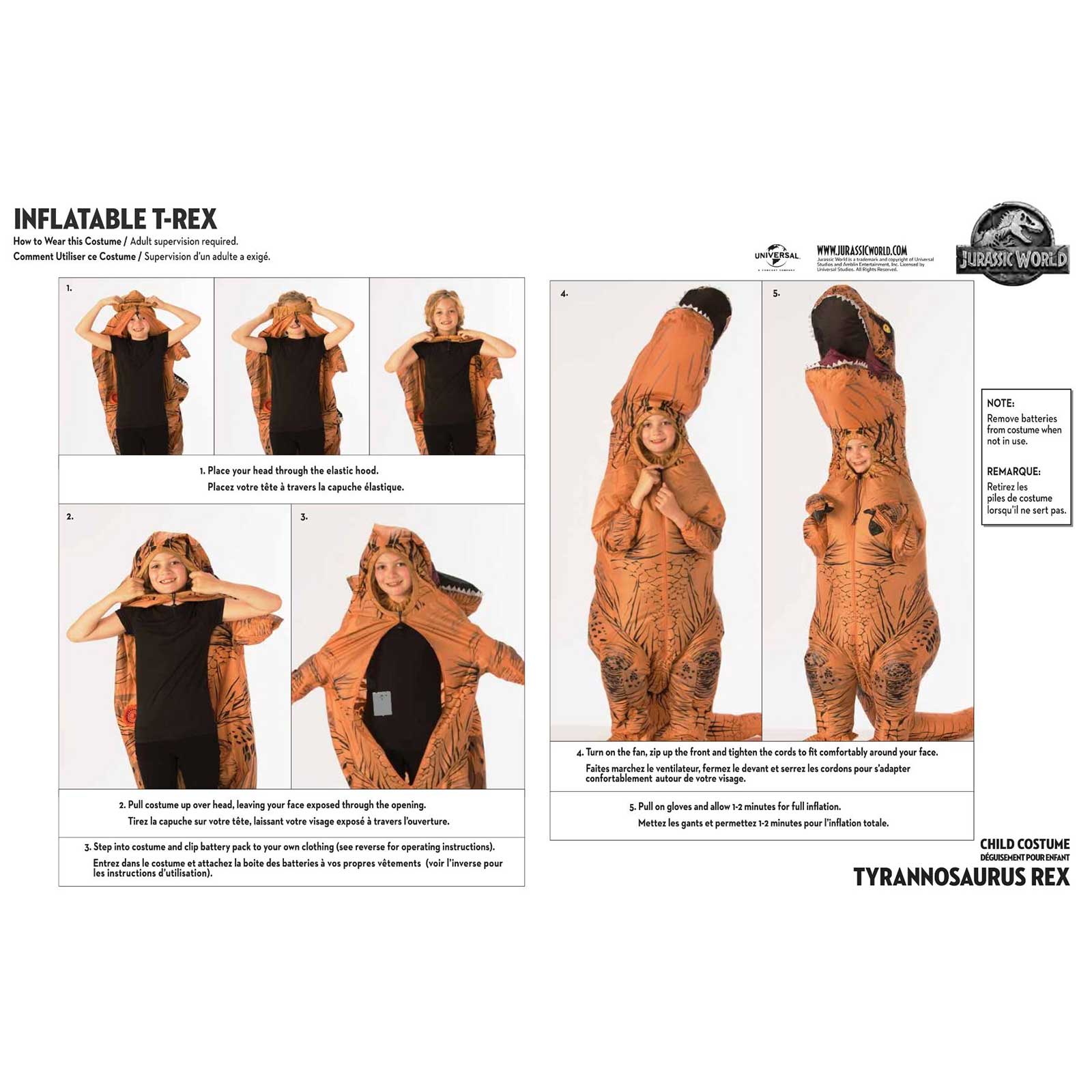 T-Rex Inflatable Costume for Kids Jurassic World Dinosaur Suit with Fan