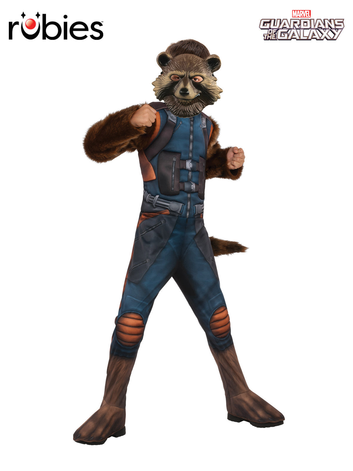 Marvel Rocket Raccoon Costume with Jumpsuit, Faux Fur Tail and Mask - Brown Colour