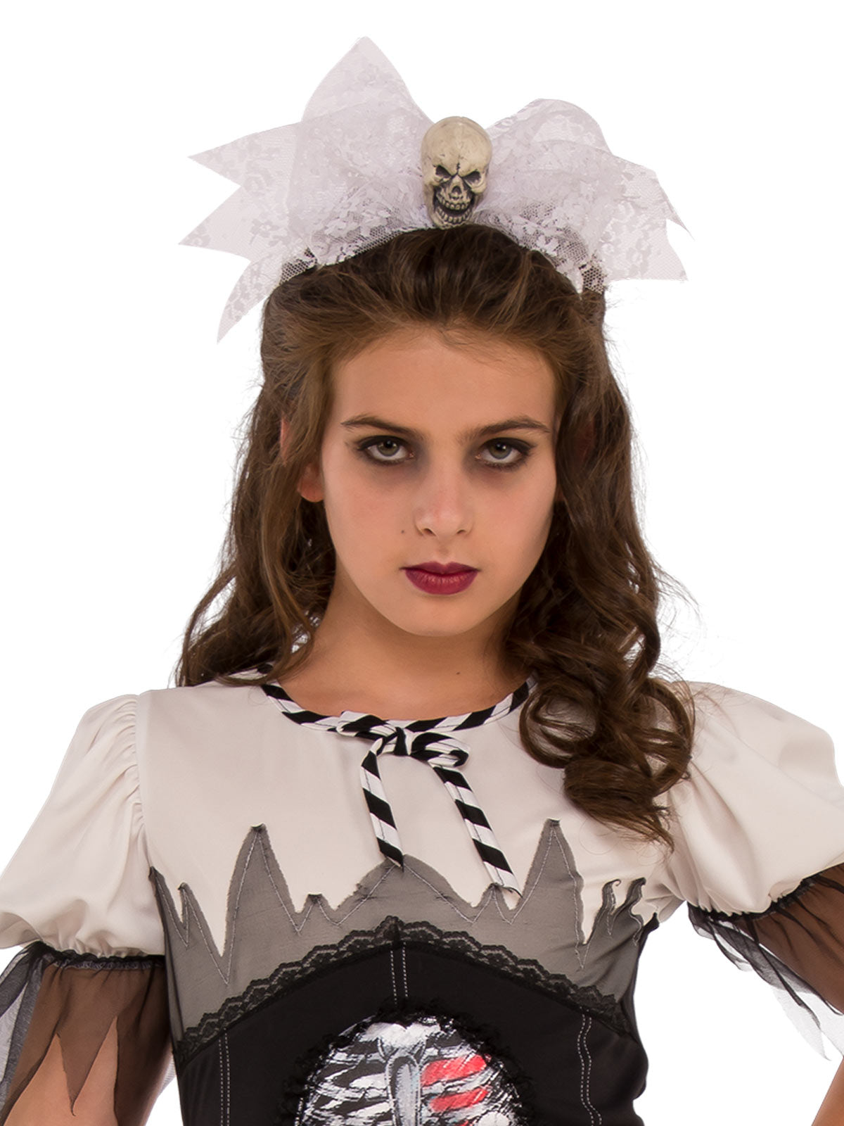 Teen Skeleton Costume with Rib Cage Dress, Striped Leggings and Skull Headband