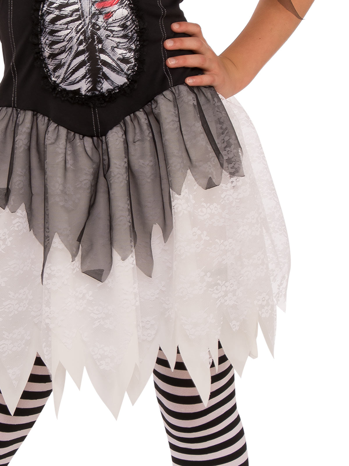 Teen Skeleton Costume with Rib Cage Dress, Striped Leggings and Skull Headband